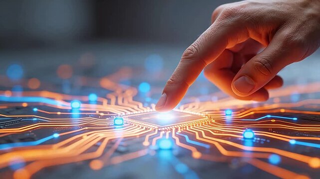 Hand touching glowing circuit board