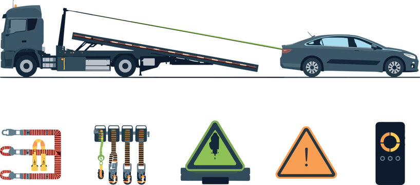 Flatbed Tow Truck Carrying Broken Car with Towing Equipment, Warning Signs, and Roadside Assistance Tools Vector Illustration Set