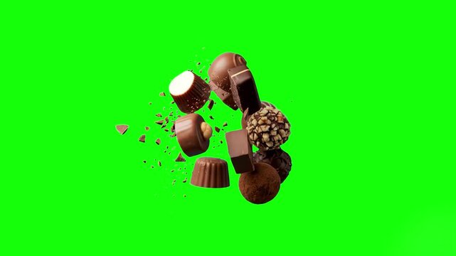 A detailed 3D animated sequence of various chocolate pralines, truffles, and candy bars floating together and rotating slowly in mid-air. The premium confectionery asset is isolated on a chroma key gr