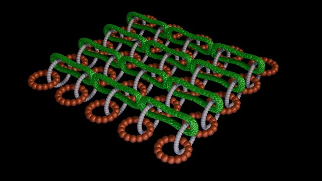 Mechanically Interlocked Materials MIMs. Mechanically interlocked molecules. Molecular machines. Mechanically joined arrays. 3d render illustration.