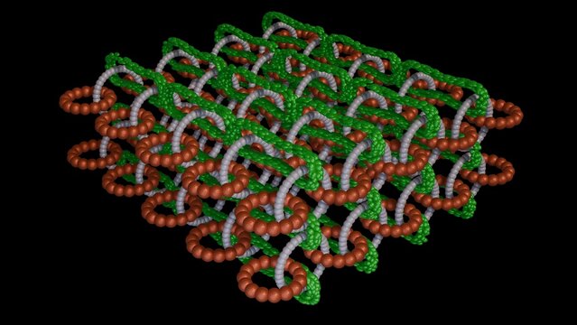 Mechanically Interlocked Materials MIMs. Mechanically interlocked molecules. Molecular machines. Mechanically joined arrays. 3d render illustration.