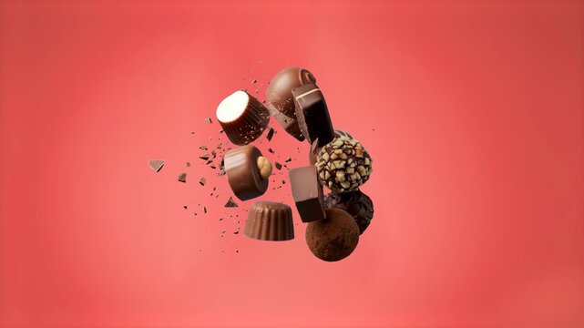 A rich assortment of chocolate truffles, pralines, and bars float in mid-air surrounded by scattering crumbs against a soft red studio background. This mouthwatering 3D food simulation is excellent fo