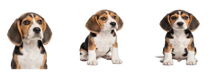 Isolated set of cute small domestic beagle puppy dogs sitting on white background, 3d friendly pet animal collection for veterinary care clinics, canine breeding and companion lifestyle concept © Bata