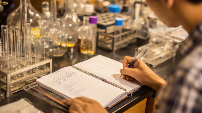 Hand writing notes in an open lab notebook surrounded by flasks and test tubes on a chemistry bench under warm dim laboratory light