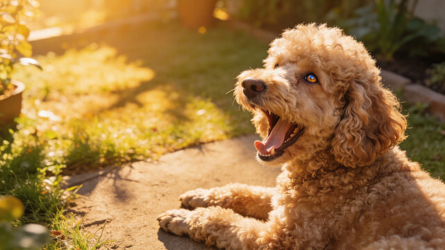 Happy apricot poodle dog lying in a sun-drenched garden during golden hour sunset.