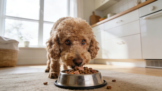 Curly-haired brown dog eating dry and wet kibble from a stainless steel bowl on a kitchen floor.