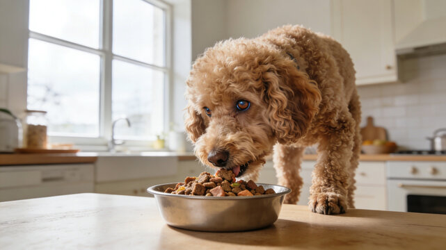 Adorable curly-haired dog eating dry kibble from a stainless steel bowl in a bright modern kitchen
