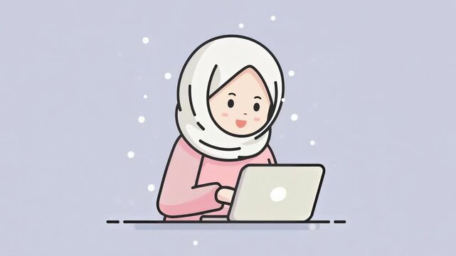 Cute Cartoon Animation of Muslim Girl Wearing Hijab Working on Laptop.