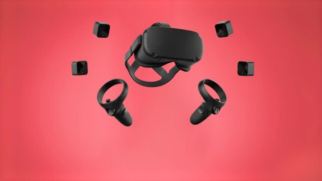 A black virtual reality headset, motion controllers, and sensor stations hover dynamically against a solid pastel red backdrop. This sleek 3D animation is ideal for tech reviews, gaming promos, and ha
