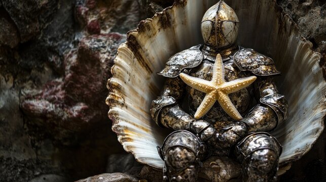 Medieval knight in seashell throne, holding starfish