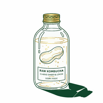 Hand drawn vector illustration of a raw kombucha bottle with ginger lemon flavor and scoby inside.