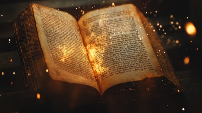Open book, glowing with magical flames.  Ancient pages, illuminated by sparks and fire