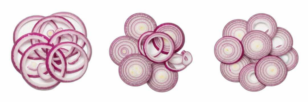 Isolated group of fresh raw red onion slices and round rings on white background, organic botanical vegetable ingredient representation for culinary recipe, healthy food nutrition and grocery concept