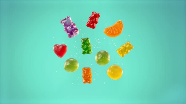 Colorful gummy bears, jelly hearts, and fruit slices float and explode outwards with sugar crystals against a solid cyan backdrop. This playful 3D animation is designed for confectionery marketing, ki
