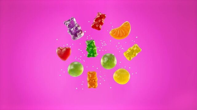 Colorful gummy bear candies, hard candies, and sweet fruit slices float mid-air surrounded by scattered sugar crystals. This vibrant 3D rendering represents confectionery, confectionery treats, junk f