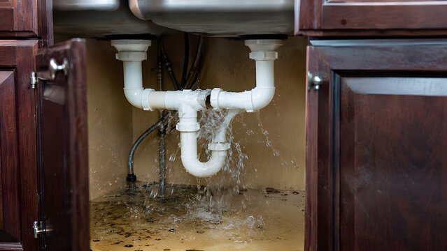 Leaking pipe under kitchen sink causing water damage inside cabinet