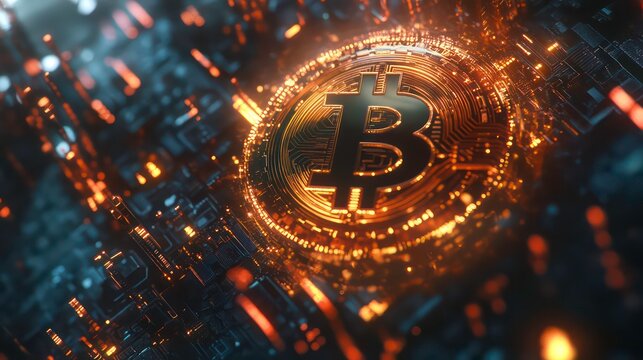 A holographic cryptocurrency logo spinning in a virtual environment, surrounded by glowing digital code.