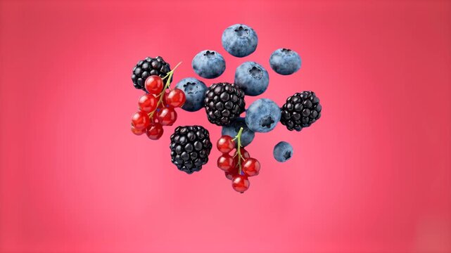 A vibrant selection of blueberries, blackberries, and red currants floating in mid-air against a solid pink studio backdrop. This slow-motion 3D animation is perfect for food commercials, healthy life