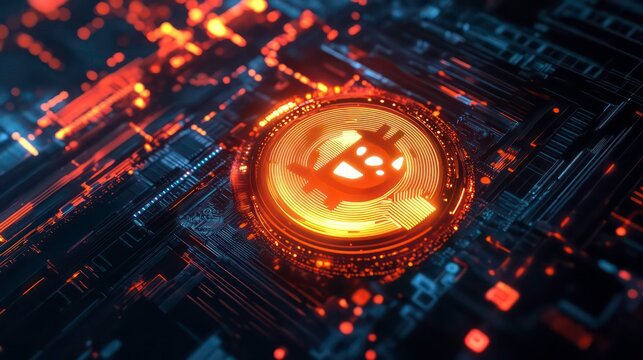 A glowing digital coin with the Dogecoin logo, surrounded by glowing, abstract geometric patterns.