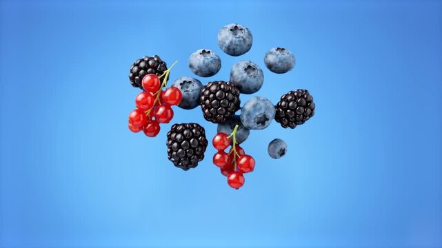A clean, dynamic 3D food render featuring a cluster of fresh blueberries, blackberries, and redcurrants levitating in mid-air. This studio-style loop is perfect for healthy eating commercials, organic