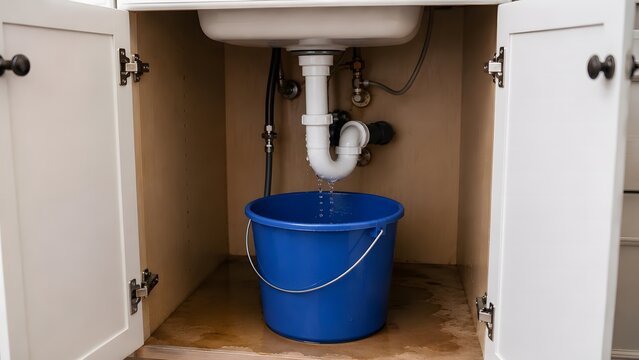 Small water leak under kitchen sink with blue bucket catching drips
