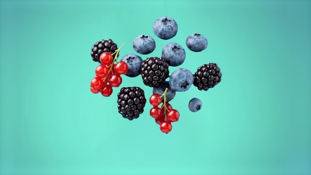 A vibrant mix of fresh blueberries, blackberries, and red currants floating in mid-air. This studio-style 3D render is ideal for healthy food marketing, recipes, and summer themes.