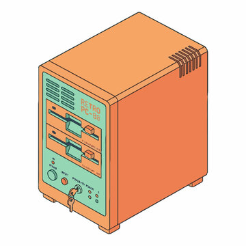 Retro isometric vector illustration of a vintage computer tower with floppy disk drives and key lock.