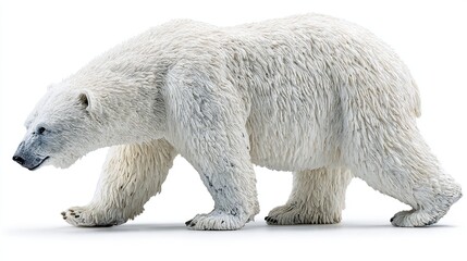 Fototapeta premium Polar bear walking, side view, on a white surface, showing details of fur and paws