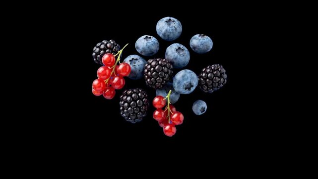 A detailed 3D rendering of a pile of mixed forest berries, including ripe blueberries, blackberries, and red currants, scattered against a solid black backdrop. Perfect for food industry promotions, h