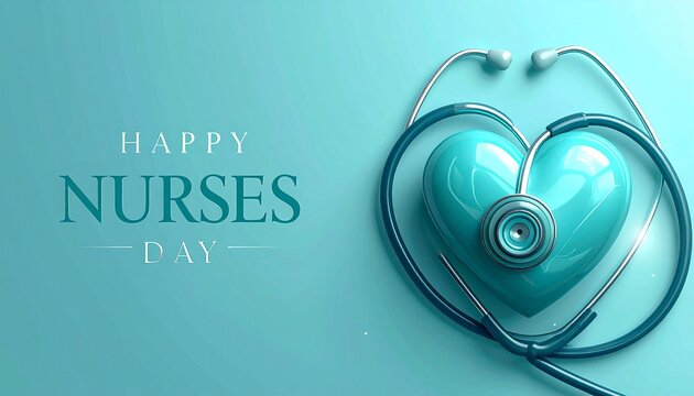 Teal stethoscope wrapped around a heart on a teal background with Happy Nurses Day text