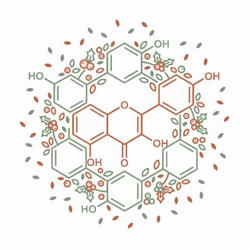 Stylized chemical structure of a plant polyphenol molecule surrounded by botanical leaves and berries in a circular mandala design.