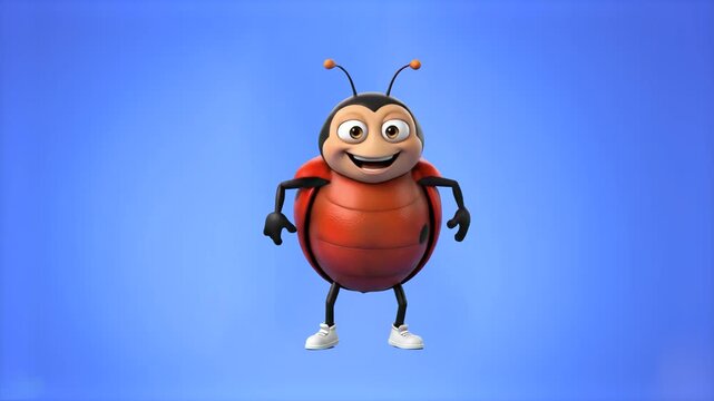 A round, friendly 3D animated ladybug beetle character stands and smiles happily against a soft blue studio background. This charming insect mascot is tailor-made for spring campaigns, gardening promo