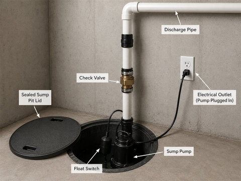 Detailed sump pump system diagram with labeled discharge pipe check valve sealed sump pit float switch electrical outlet and pump plug for basement flood protection and home drainage education