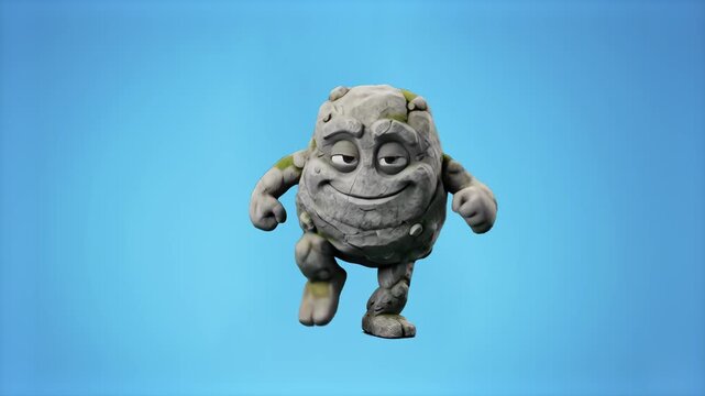 A stylized 3D animated rock or golem monster character with an expressive face walks confidently forward. This asset is perfectly suited for gaming content, children's animations, and creative fantasy