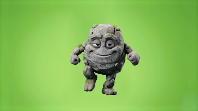 A stylized 3D animation of a textured grey rock monster character performing a rhythmic dance against a solid green background. This claymation-style clip is excellent for chroma key compositing in fa