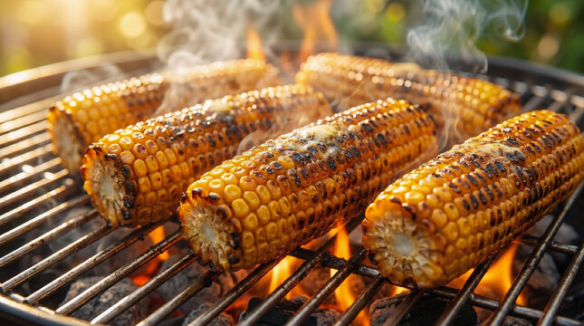 Golden grilled corn on the cob roasting over blazing barbecue flames with smoky char marks, classic BBQ cookout side for 4th of July celebration and summer outdoor gatherings