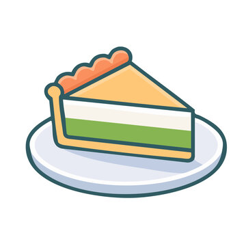 Slice of layered pie on a plate, flat design icon