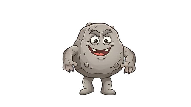 A playful 2D vector animation featuring a friendly grey rock monster character dancing and grooving on a solid white studio background. Great for explainer videos, educational games, and energetic gra