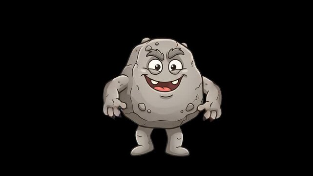 A 2D animated grey stone monster character with a big grin performing an energetic dance against an isolated black background. Ideal for mobile game assets, children's entertainment, and creative vide