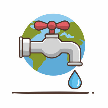 Water tap with earth and falling water drop, flat design icon