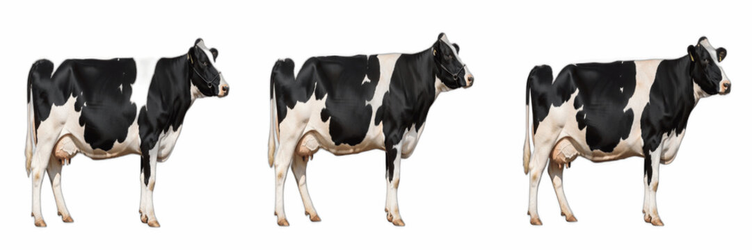 Isolated set of domestic black and white holstein friesian dairy cow cattle standing on white background, 3d farm livestock mammal animal collection for agriculture milk production concept