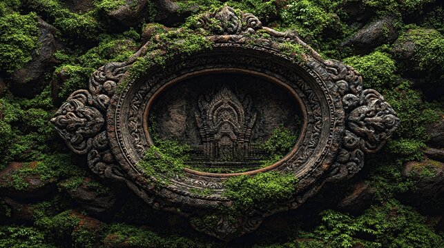 Stone carved frame with ancient temple detail, overgrown with moss and surrounded by lush green foliage