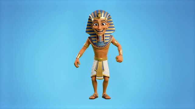 A cheerful 3D cartoon pharaoh wearing a traditional nemes headdress stands against a solid blue backdrop. This animated historical character is suitable for educational videos, gaming assets, or creat