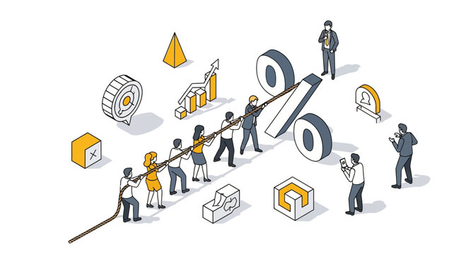 Isometric Team Pulling Big Percentage Symbol with Rope