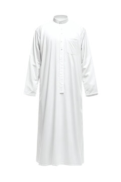 Classic white men's thobe with traditional design and buttoned placket, featuring a band collar and long sleeves, perfect for cultural events, everyday wear, or special occasions&nbsp;