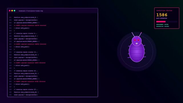 a colorful digital cybersecurity threat map shows automated code scrolling on monitors next to stylized purple insect icons representing malicious software intrusions in virtual network
