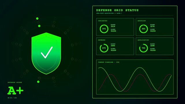 A digital cybersecurity threat map interface shows fluctuating green waveforms with glowing shields and numeric data panels updating in a continuous loop to monitor system status