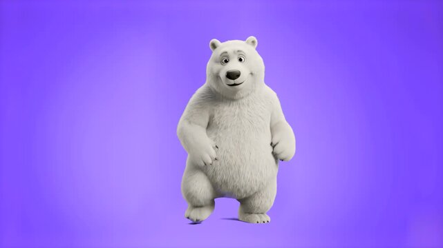 A charming 3D animated white polar bear character performing a dance against a solid purple backdrop. This stylized wildlife asset is ideal for creative kids' music videos, mobile dance games, and mod