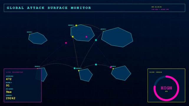 A digital cybersecurity threat map glows with pulsating nodes and geometric network shapes shown on a dark computer screen interface during a simulated network monitoring session