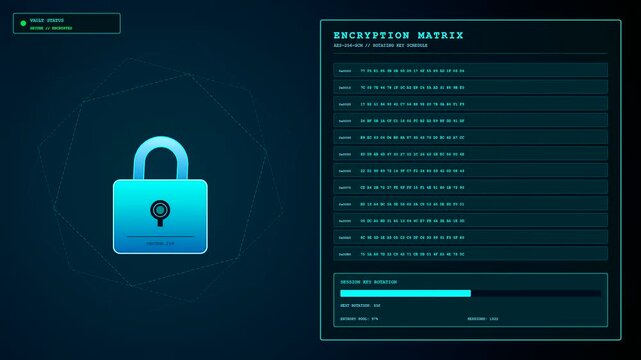 A digital Cybersecurity Threat Map interface showing rotating keys within a glowing hexagonal lock icon displayed across a dark screen of flickering data matrix panels